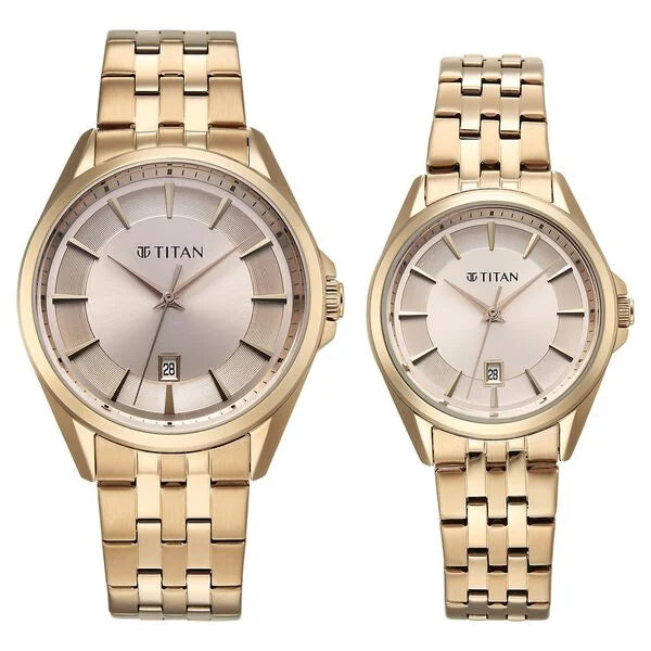 Titan Modern Pair Unisex Quartz Analog Couple Watch Set, Rose Gold11 Dial, Gold Stainless Steel Strap - product image 1