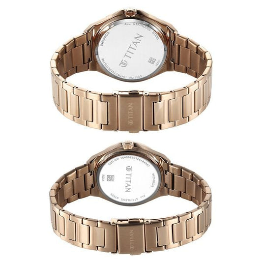Titan Modern Pair Unisex Quartz Analog Couple Watch Set, Anthracite Dial, Gold Stainless Steel Strap - product image 2
