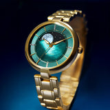 Titan Women's Stellar Moon Phase Watch Green Dial With Gold Stainless Steel Band, 95086YM01