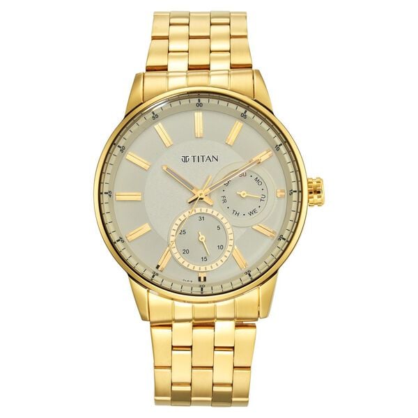 Titan Regalia Opulent Men's Watch Analog White Dial with Gold Stainless Steel Band, 9441YM02