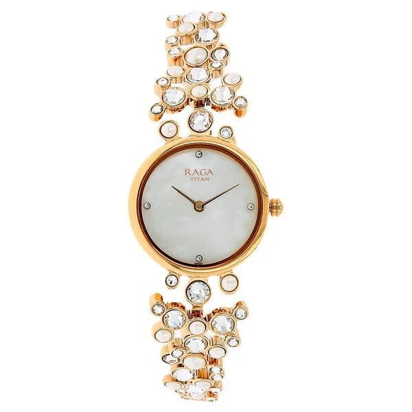 Titan Raga Women's Watch with Mother Pearl dial and Stone Studded Metal Strap, 95032WM01