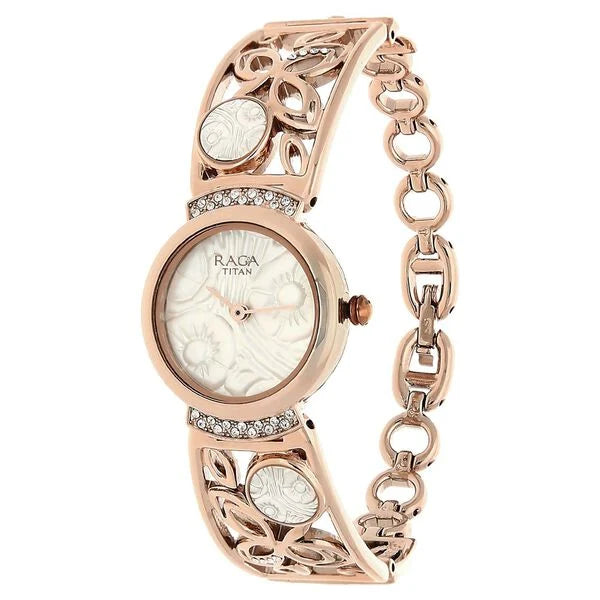 Titan Raga Aurora Women's Watch Analog White Dial With Rose Gold Stainless Steel  Band, 95046WM01