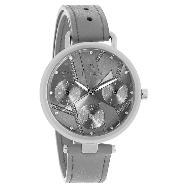 Titan Women's Multifunction Watch Analog Grey Dial With Grey Leather Strap, 95079SL01