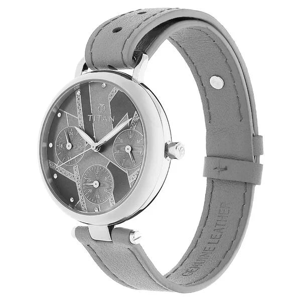 Titan Women's Multifunction Watch Analog Grey Dial With Grey Leather Strap, 95079SL01