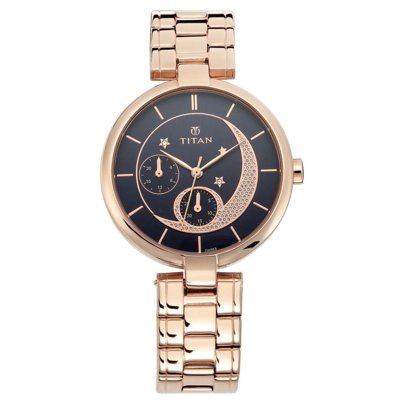Titan Women's Stellar Multifunction Watch Black Dial With Rose Gold Stainless Steel Band, 95086WM01
