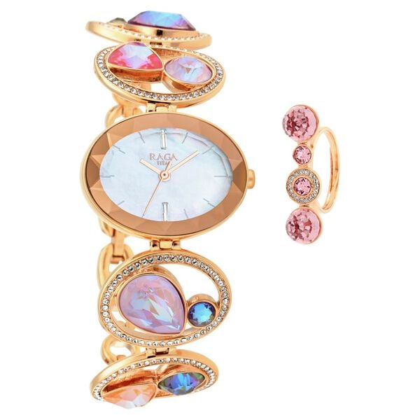 Titan Raga Moments Of Joy Women's Analog Watch Mother of Pearl Dial With Gold Stainless Steel Band, 95127WM01