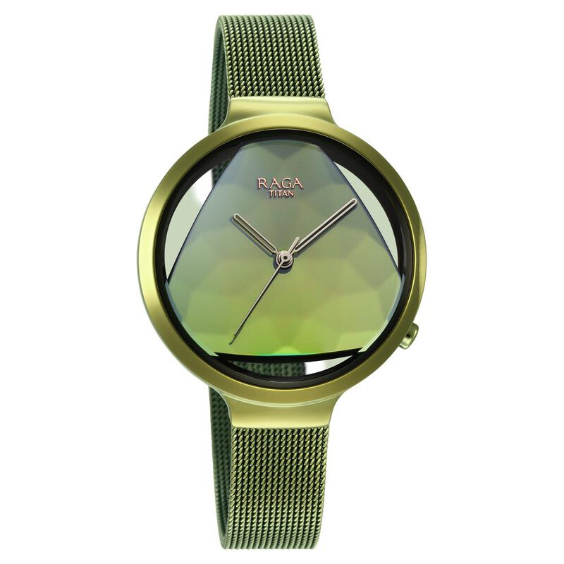 Titan Raga Moments of Joy Women's Watch Analog Green Dial With Green Mesh Band, 95134QM01