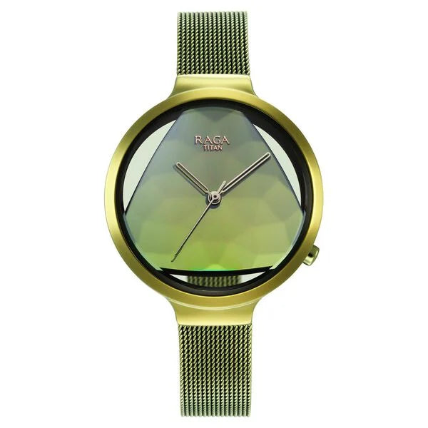Titan Raga Moments of Joy Women's Watch Analog Green Dial With Green Mesh Band, 95134QM01