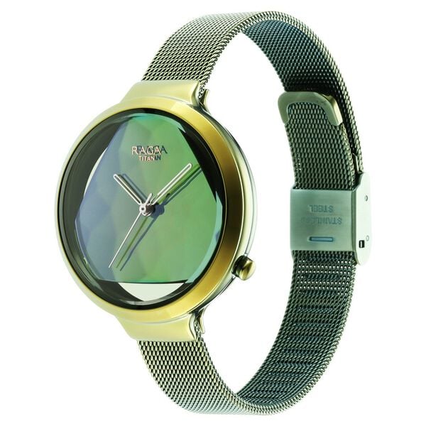 Titan Raga Moments of Joy Women's Watch Analog Green Dial With Green Mesh Band, 95134QM01