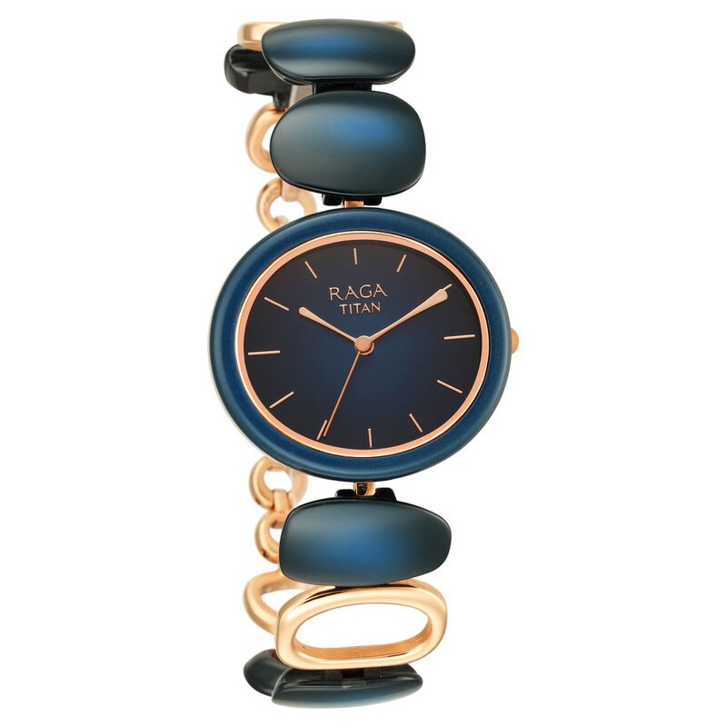 Titan Raga Ceramics Women's Watch Analog Blue Dial With Blue Metal Band, 95146KD01