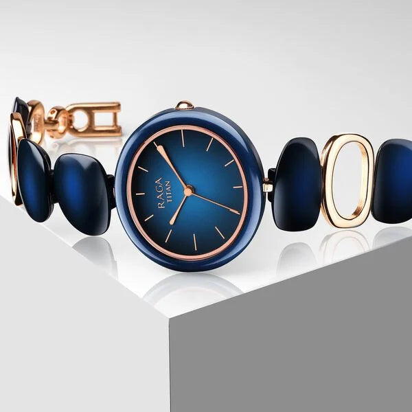 Titan Raga Ceramics Women's Watch Analog Blue Dial With Blue Metal Band, 95146KD01