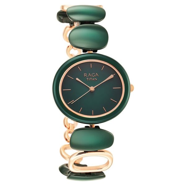 Titan Raga Ceramics Women's Watch Analog Green Dial With Green Metal Band, 95146KD02