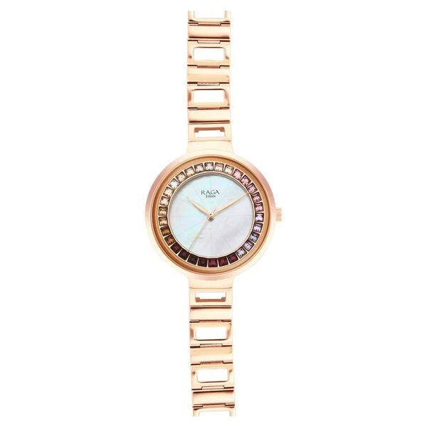 Titan Raga Women's Analog Watch Mother Of Pearl Dial With Rose Gold Stainless Steel Band, 95150WM01