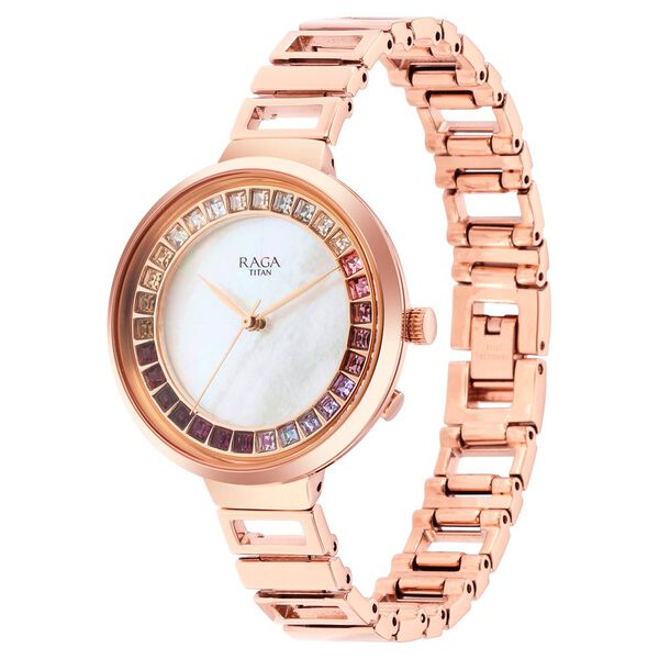 Titan Raga Women's Analog Watch Mother Of Pearl Dial With Rose Gold Stainless Steel Band, 95150WM01