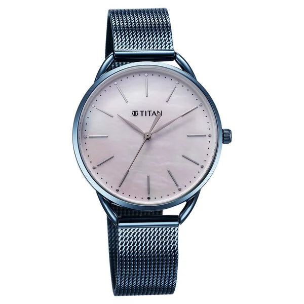 Titan Slimline Women's Watch Analog Mother Of Pearl Dial with Blue Stainless Steel Band, 95180QM01