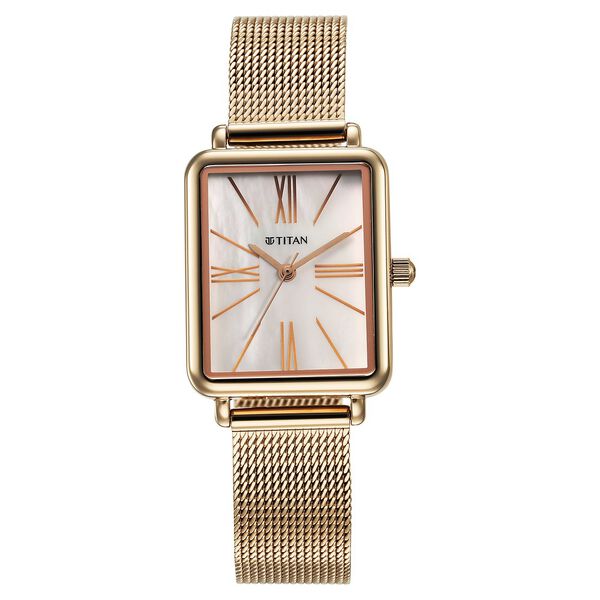 Titan Slimline Women's Watch Analog Mother of Pearl Dial with Rose Gold Mesh Band, 95181WM01