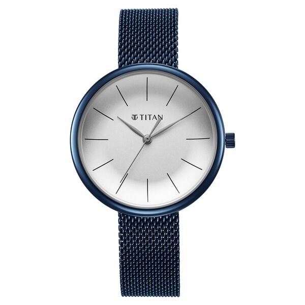 Titan Slimline Women's Watch Analog White Dial with Blue Mesh Band, 95182QM01