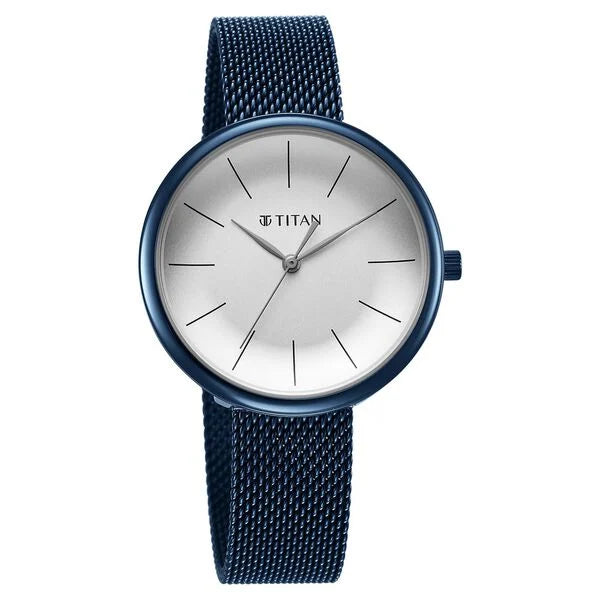 Titan Slimline Women's Watch Analog White Dial with Blue Mesh Band, 95182QM01