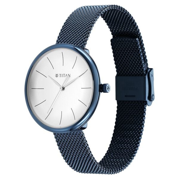 Titan Slimline Women's Watch Analog White Dial with Blue Mesh Band, 95182QM01