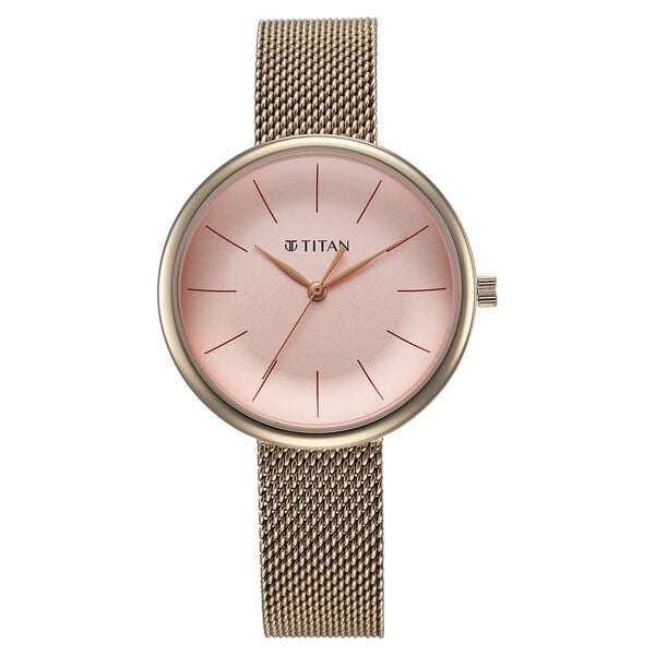 Titan Slimline Women's Watch Analog Pink Dial with Rose Gold Mesh Band, 95182WM01