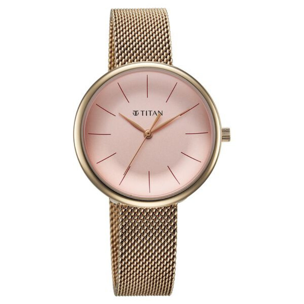 Titan Slimline Women's Watch Analog Pink Dial with Rose Gold Mesh Band, 95182WM01