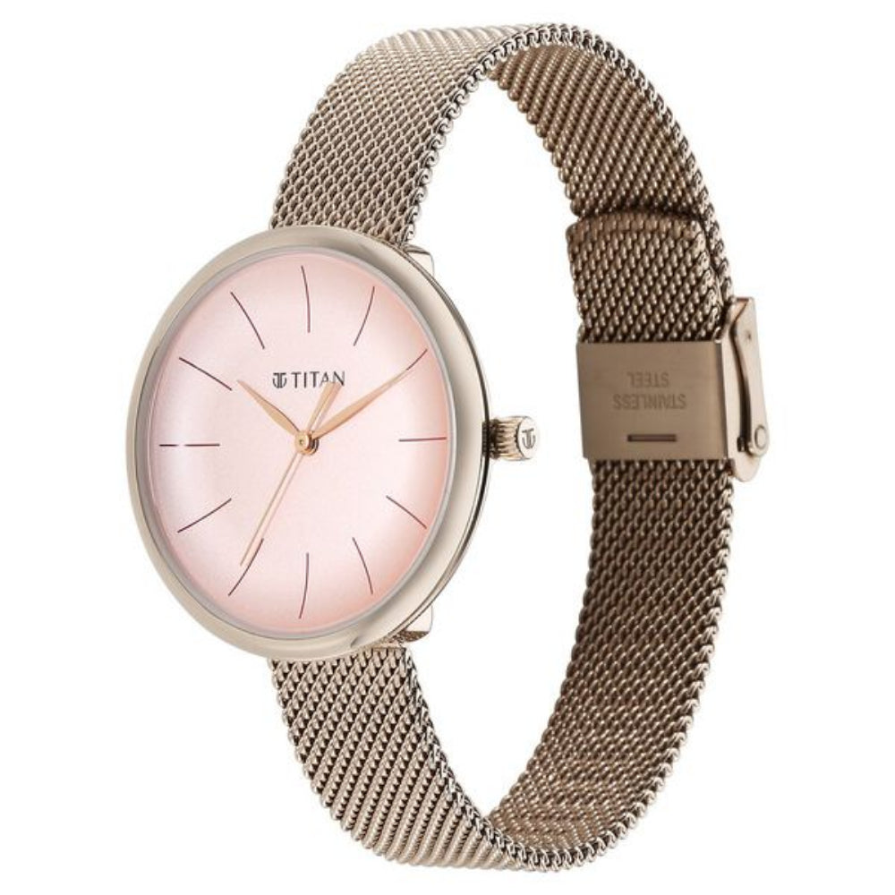 Titan Slimline Women's Watch Analog Pink Dial with Rose Gold Mesh Band, 95182WM01