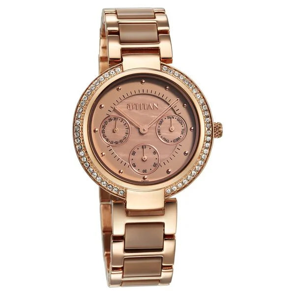 Titan Acetate Women's Multifunction Watch Analog Mother Of Pearl Dial with Two-Toned Band, 95187KD03