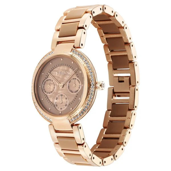 Titan Acetate Women's Multifunction Watch Analog Mother Of Pearl Dial with Two-Toned Band, 95187KD03