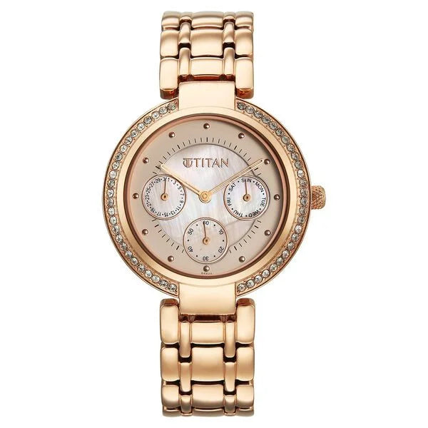 Titan Eternal Quartz Analog Women's Watch With Off White Dial and Rose Gold Stainless Steel Strap, 95187WM02
