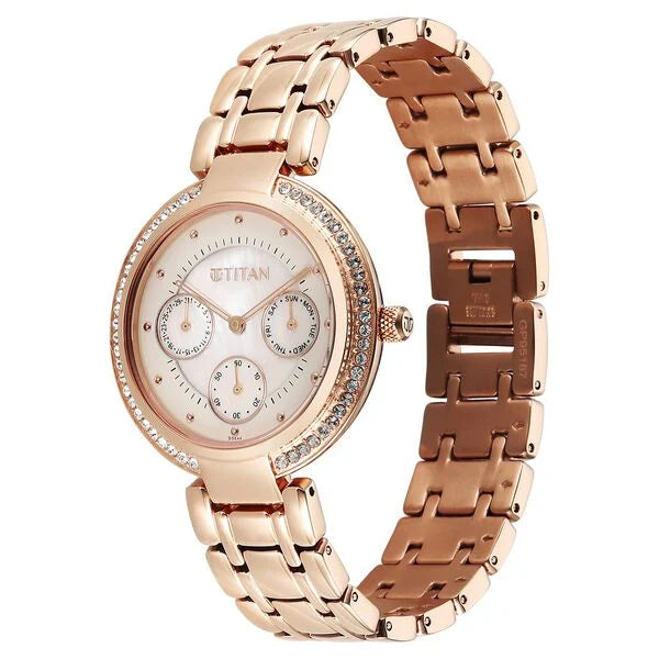 Titan Eternal Quartz Analog Women's Watch With Off White Dial and Rose Gold Stainless Steel Strap, 95187WM02
