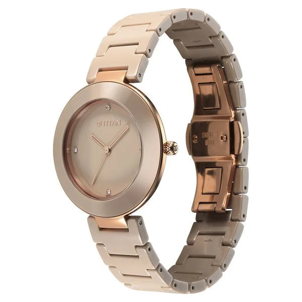 Titan Purple Women's Watch Analog Beige Dial with Beige Ceramic Band, 95189KC04