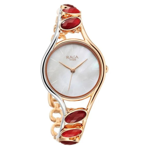 Titan Raga New You Women's Watch Analog Mother Of Pearl Dial With Garnet Stone Bi-Stainless Steel  Band, 95190KM01