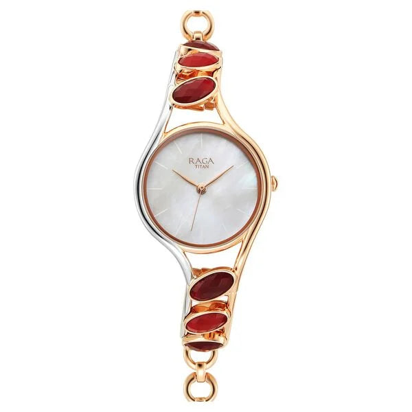 Titan Raga New You Women's Watch Analog Mother Of Pearl Dial With Garnet Stone Bi-Stainless Steel  Band, 95190KM01