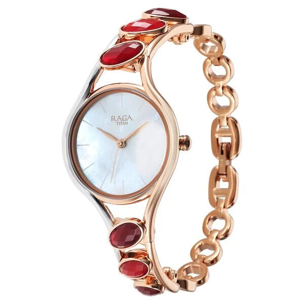 Titan Raga New You Women's Watch Analog Mother Of Pearl Dial With Garnet Stone Bi-Stainless Steel  Band, 95190KM01