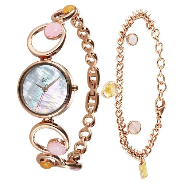 Titan Raga Women's Watch Analog Mother Of Pearl Dial with Rose Gold Stainless Steel band, 95194WM01