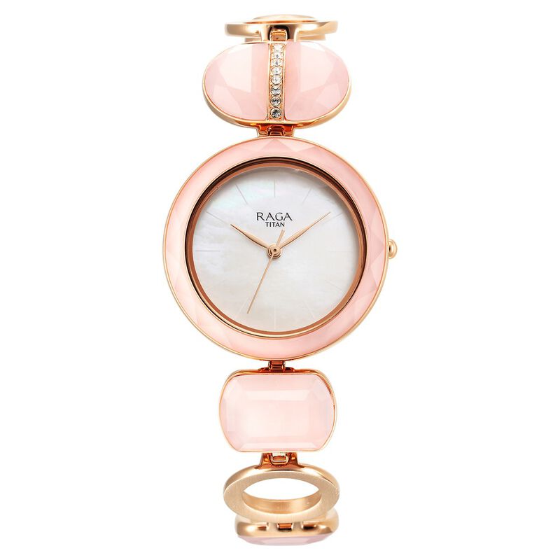 Titan Raga New You Women's Watch Analog Mother Of Pearl Dial With Rose Stone Metal Band, 95195WM01