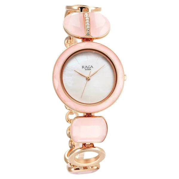 Titan Raga New You Women's Watch Analog Mother Of Pearl Dial With Rose Stone Stainless Steel  Band, 95195WM01