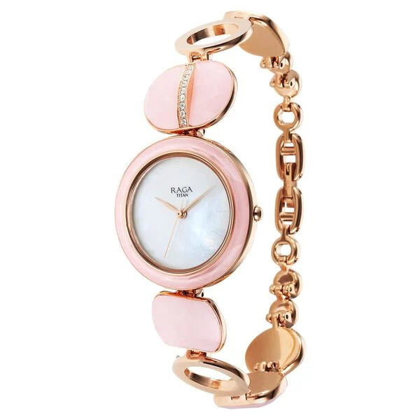 Titan Raga New You Women's Watch Analog Mother Of Pearl Dial With Rose Stone Stainless Steel  Band, 95195WM01