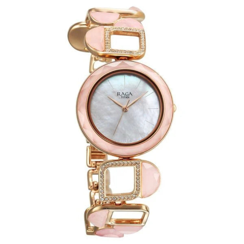 Titan Raga Women's Watch Mother of Pearl Dial with Rose Gold Stainless Steel Band, 95196WM01