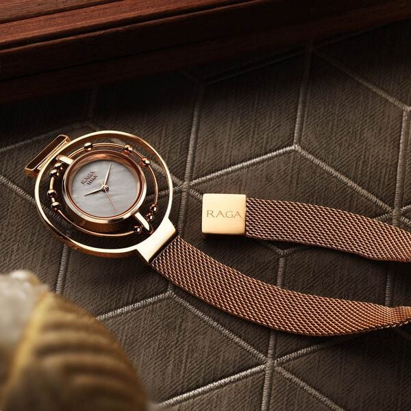Titan Raga Delight Women's Analog Watch Mother Of Pearl Dial With Brown Stainless Steel Mesh Band, 95203WM01