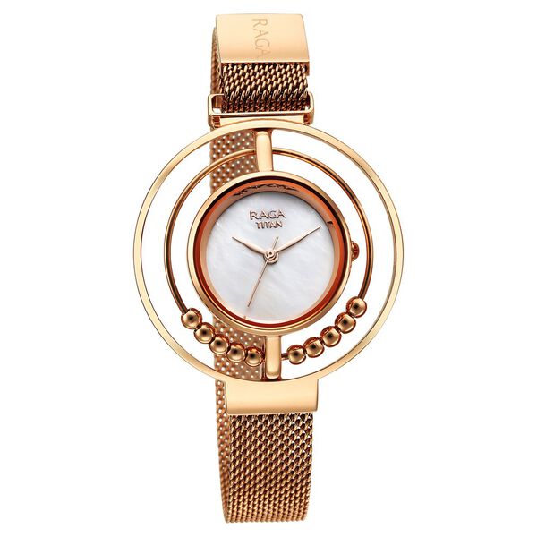 Titan Raga Delight Women's Analog Watch Mother Of Pearl Dial With Brown Stainless Steel Mesh Band, 95203WM01