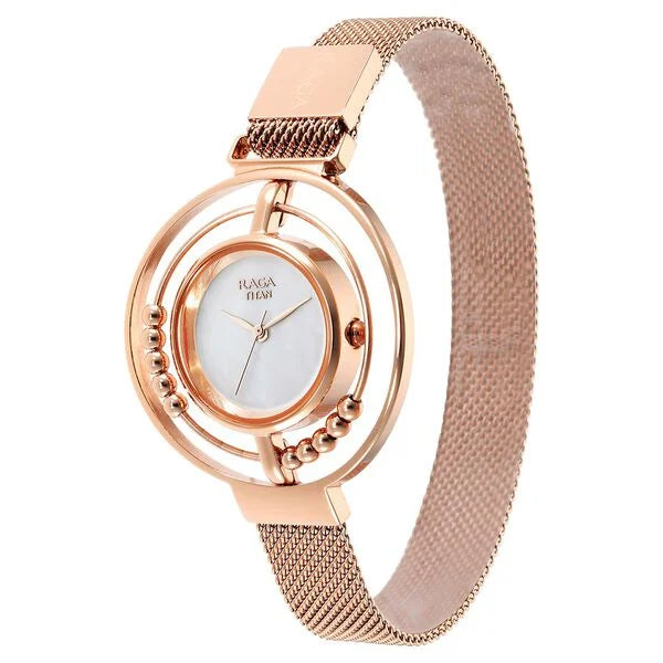 Titan Raga Delight Women's Analog Watch Mother Of Pearl Dial With Brown Stainless Steel Mesh Band, 95203WM01