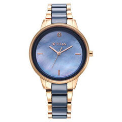 Titan Purple Women's Watch Analog Blue Dial with Two-Toned Ceramic Band, 95213KD03