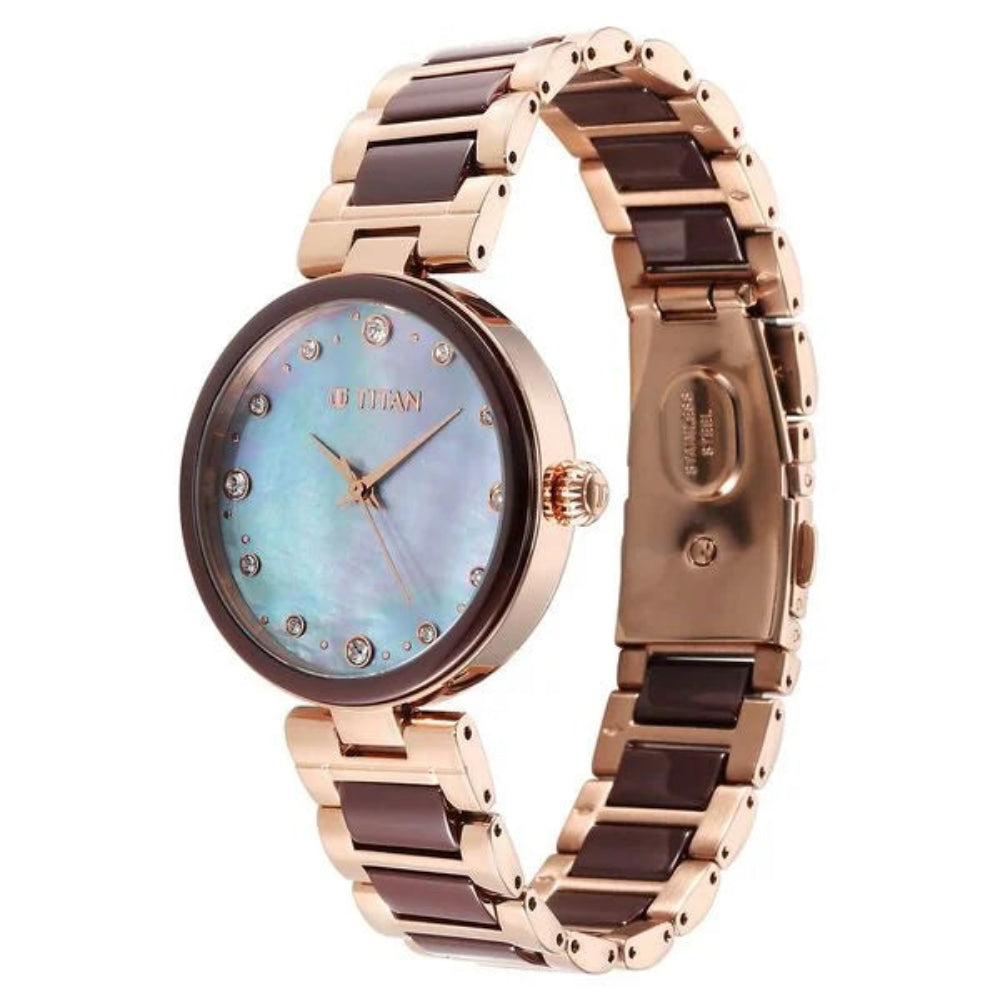Titan Purple Ceramics Women's Watch Analog Mother of Pearl Dial with Steel & Ceramic Band, 95214KD03