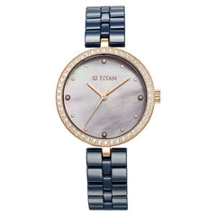 Titan Purple Women's Watch Analog Mother of Pearl Dial with Blue Ceramic Band, 95215KC03