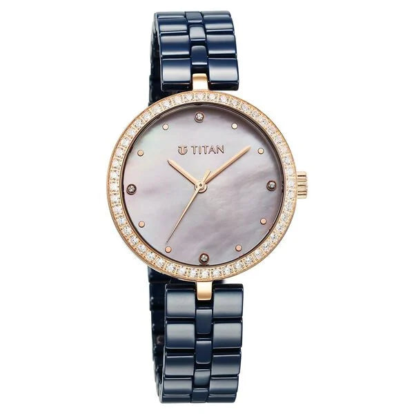 Titan Purple Women's Watch Analog Mother of Pearl Dial with Blue Ceramic Band, 95215KC03