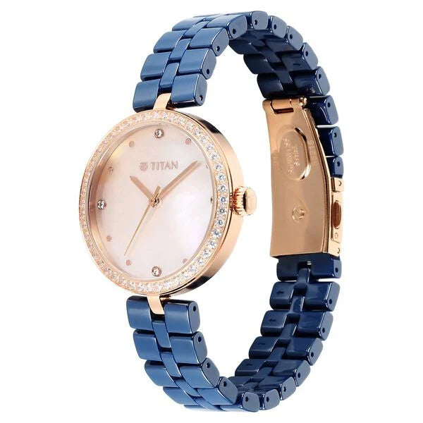 Titan Purple Women's Watch Analog Mother of Pearl Dial with Blue Ceramic Band, 95215KC03