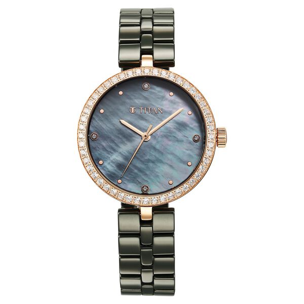 Titan Purple Ceramics Women's Watch Analog Mother of Pearl Dial with Green Ceramic Band, 95215KC04