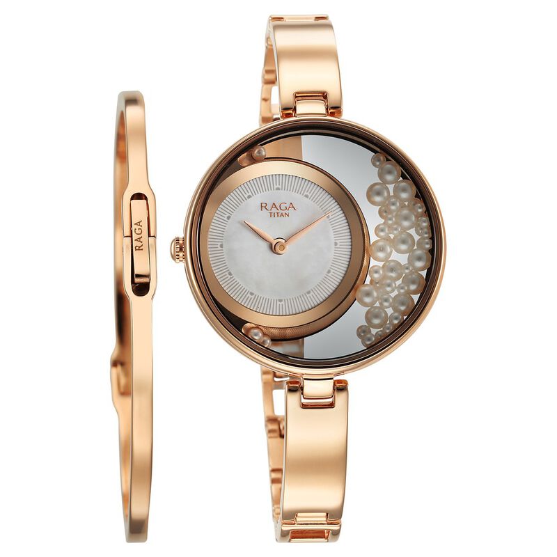 Titan Raga Power Pearls Women's Watch Analog White Dial With Loose Pearls Rose Gold Metal Band, 95224WM01