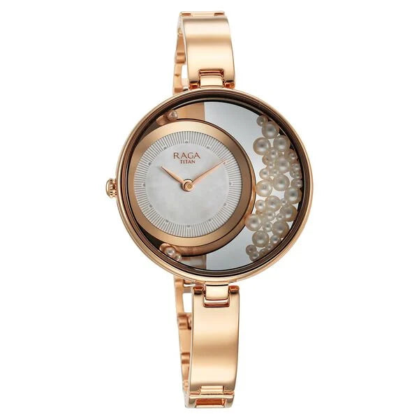 Titan Raga Power Pearls Women's Watch Analog White Dial With Loose Pearls Rose Gold Stainless Steel  Band, 95224WM01